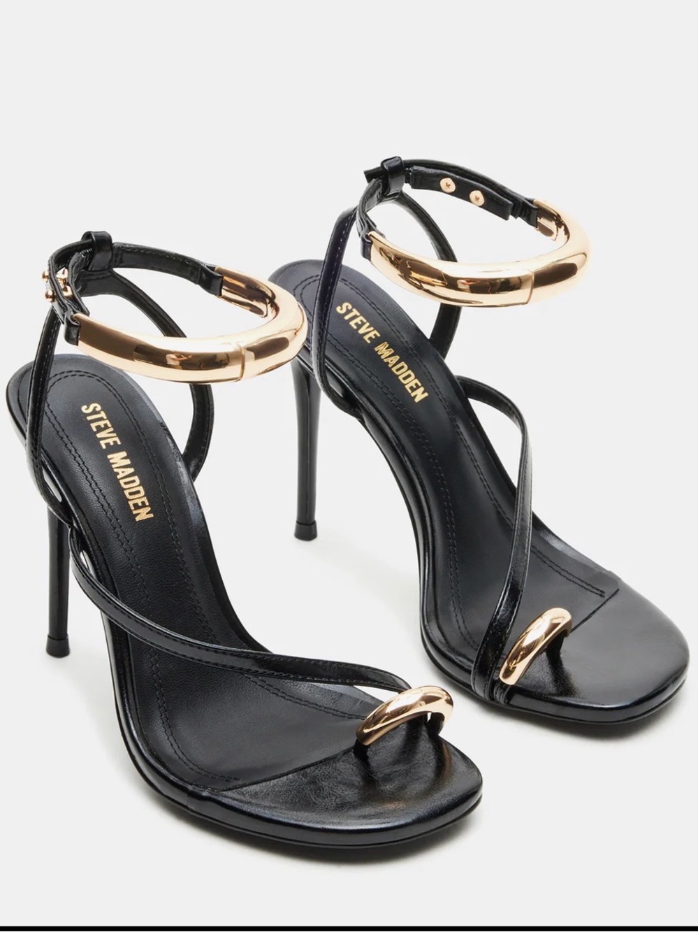 Steve Madden Black Stiletto Sandals with Gold Accents - Picture 2 of 2
